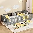 Twin Size Floor Bed with Door and Fence,Montessori Floor Bed with Slats and Safety Guardrails,Solid Wood Twin Size Floor Bed Frame for Girls Boys,Kids Montessori Bed Twin Size,Gray