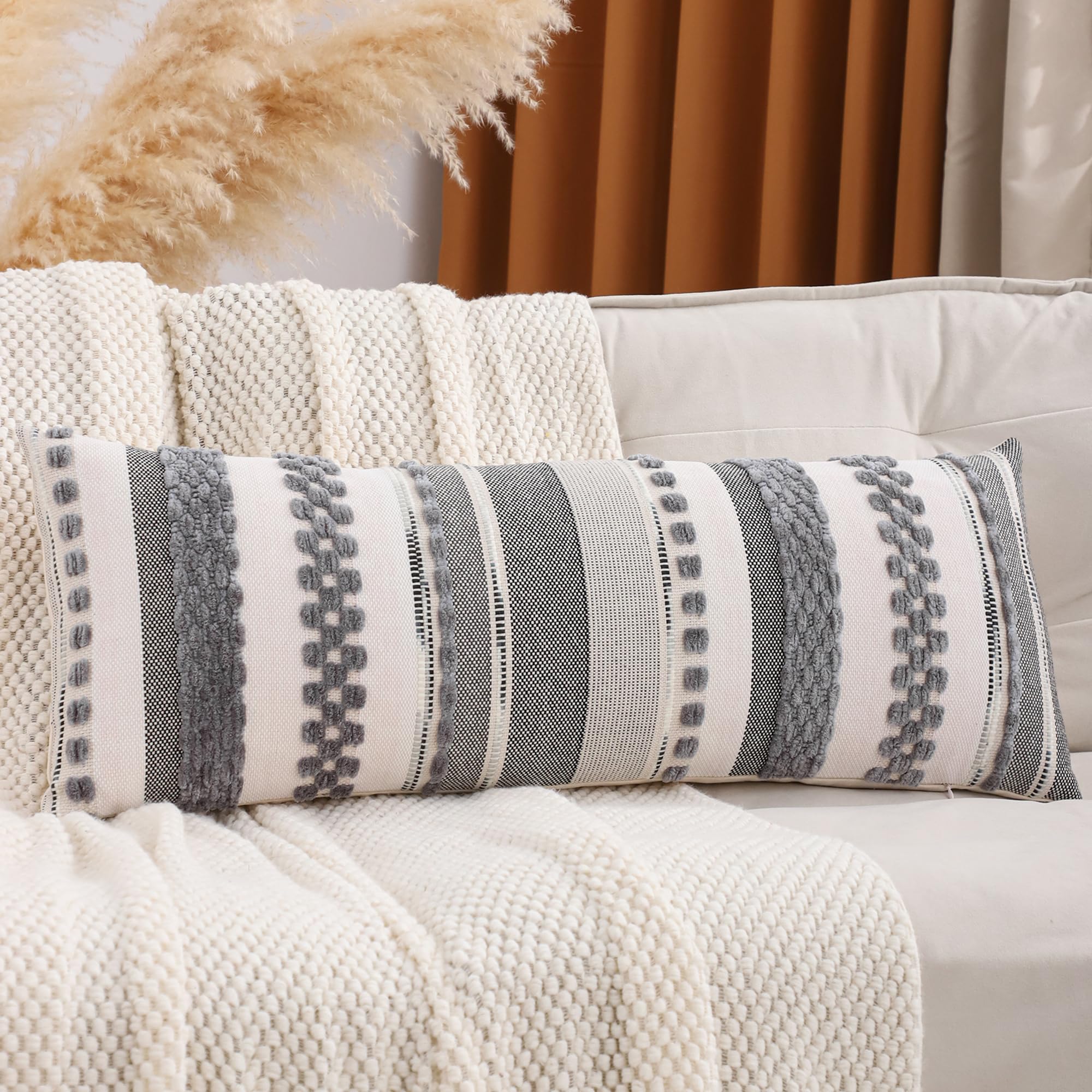 Tosleo Boho Lumbar Throw Pillow Cover 14x36 Long Body Lumbar Decorative Pillow Case Accent Chenille Striped Pillowcase Farmhouse Cushion Case for Spring Home Decor Gray (1 Piece) Image