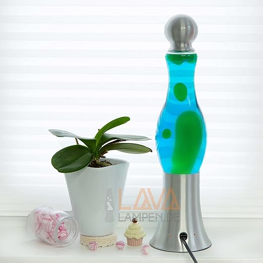 Exotische Lavalampe'Michi', Flüssigkeit blau, Wachs grün 42cm hoch Lavaleuchte