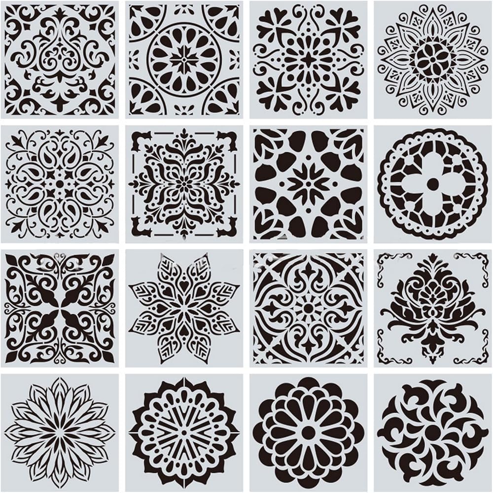 nuoshen 16 Pcs Reusable Mandala Stencils PET Non-Sharp Edges 15x15 cm