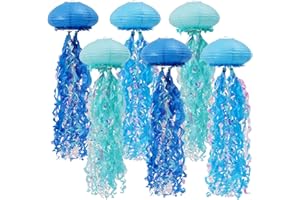 YUNXUAN Mermaid Birthday Decorations, Jellyfish Paper Lanterns Hanging Jellyfish Decorations for Mermaid Baby Shower Under The Sea Blue Party Decorations Pack of 6 (Blue)
