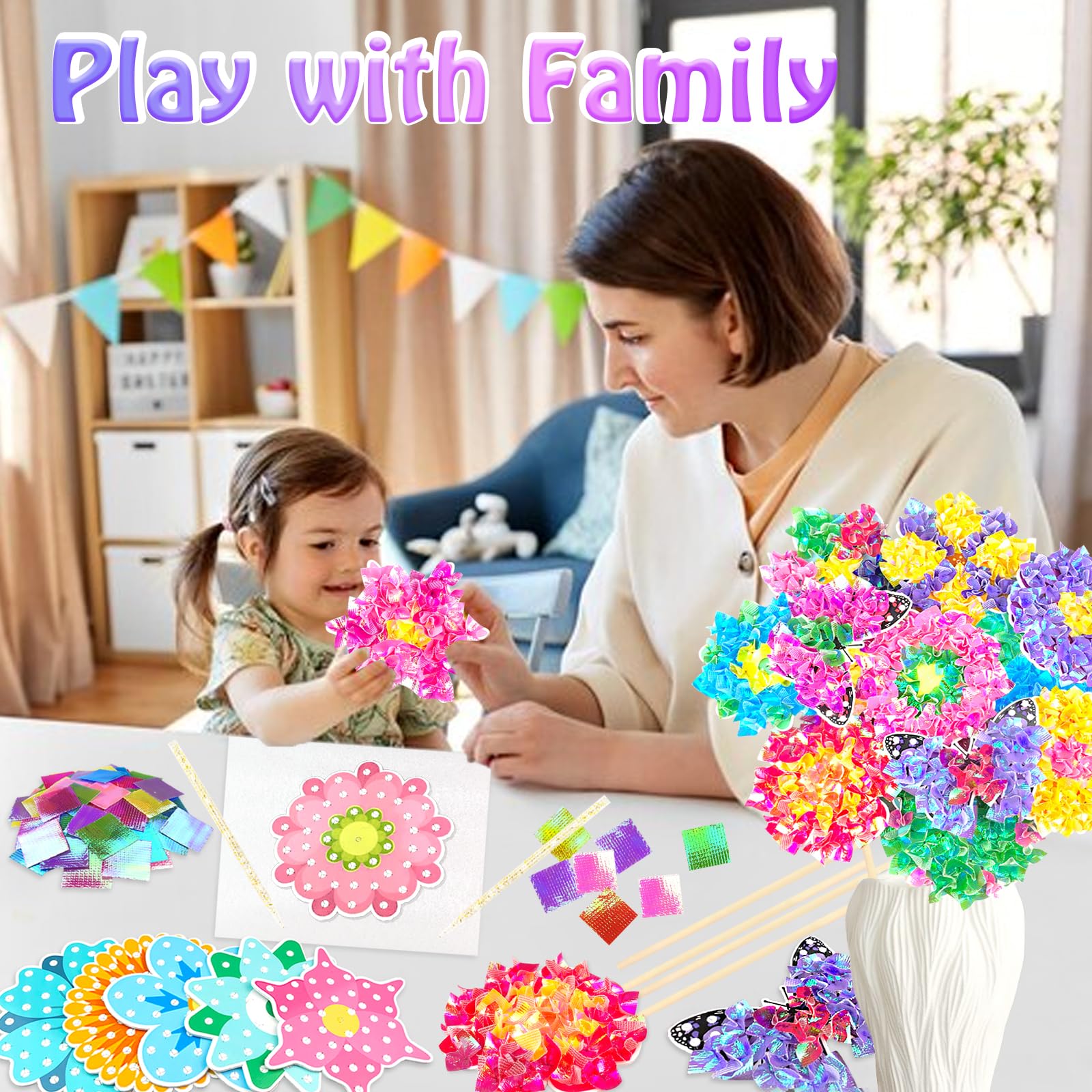 Poke Art Bastelset Kinder ab 4 Jahre,DIY-Einschulung Geschenke für Mädchen Spielzeug 5-12Jahre Kindergeburtstag Kunstblumenstrauß Blumen Bastelkoffer Blumenstrauß mit Pailletten Kreativ Set für Kinder 5