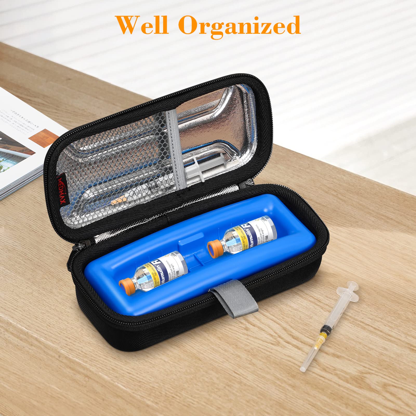 Insulin Vial Carrying Cooler Case, Portable Water Resistant Insulated Diabetic Organizer Protective Hard Shell Medical Travel Case with One Ice Brick (Black)