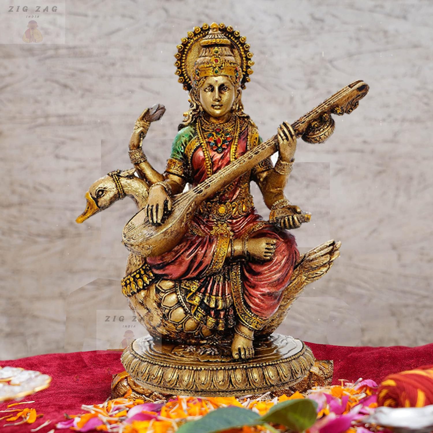 Zig Zag Maa Saraswati Devi Idol Statue Goddess of Knowledge, Music MATA Saraswati Figurine for School, Office, Home (Multicolor, 8 Inches)