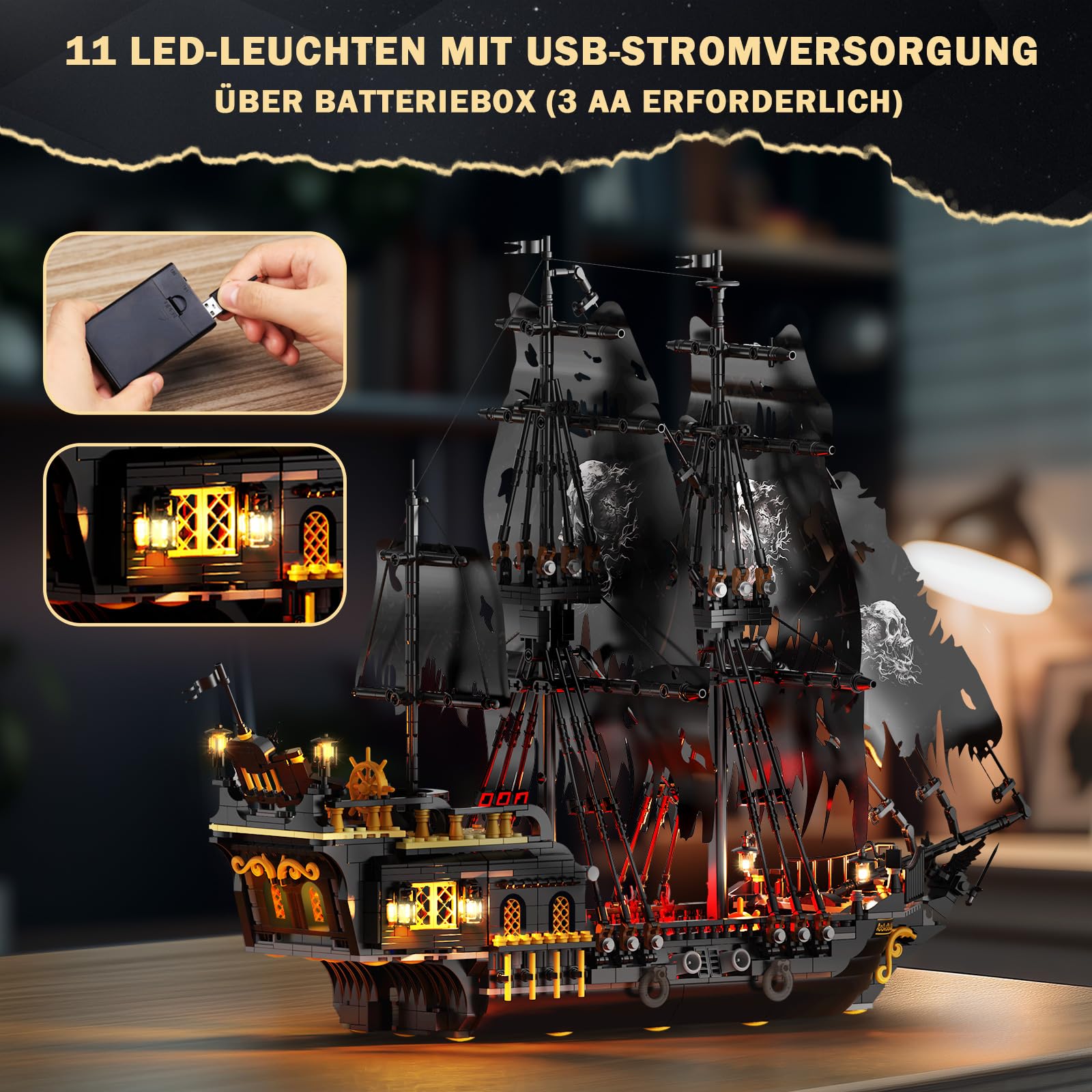 JMBricklayer Piratenschiff Bauspielzeug mit Lichtern, Großes Pearl Piratenschiff Modellboot Klemmbausteine 40002, Aufregende Seeschlachten und Fluch des Untodes, Erwachsene Jungen Mädchen(1713 PCS) 3