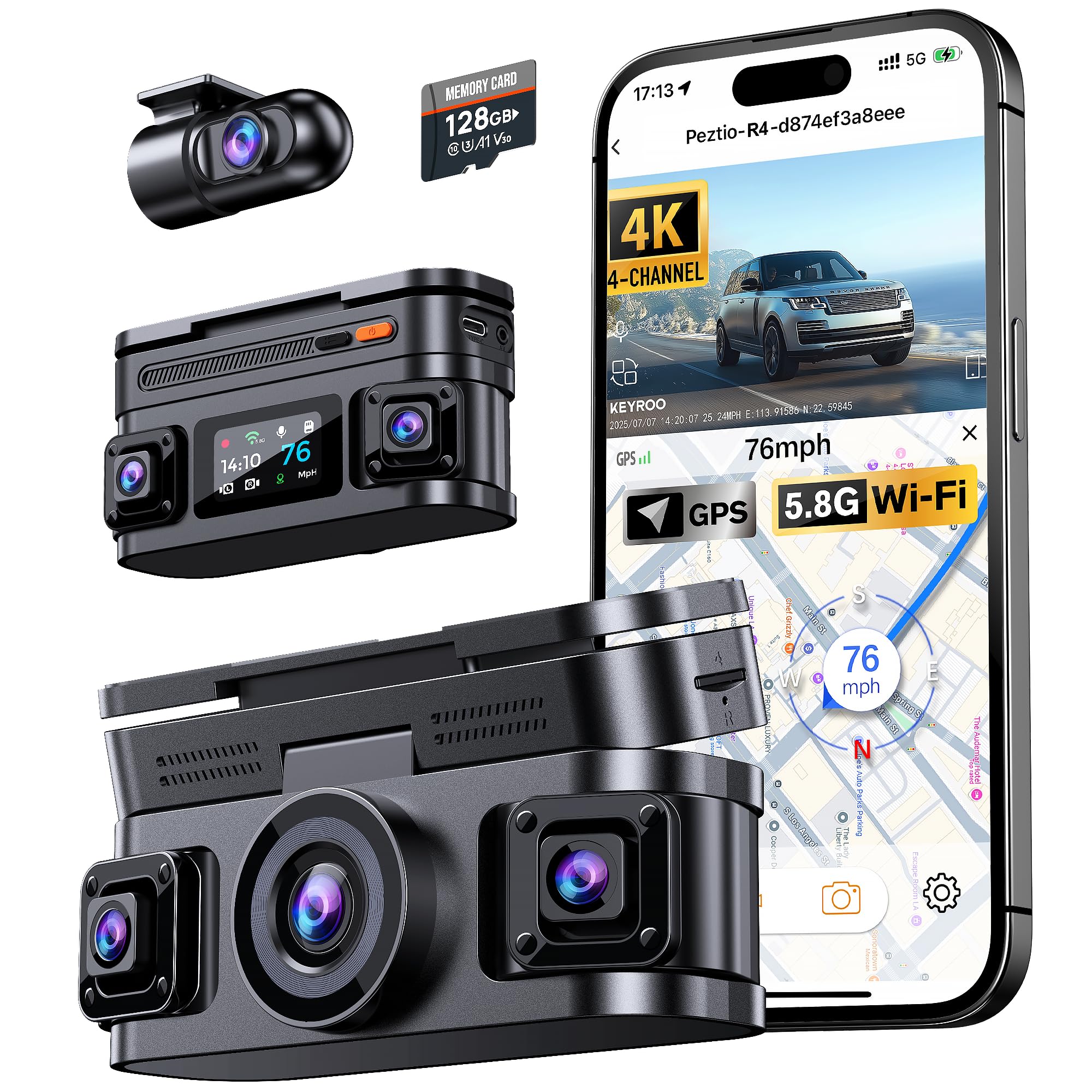 Photo 1 of KEYROO 360° View 4K 4 Channel Dash Cam Front and Rear Inside Left Right, Built-in GPS, 5.8GHz WiFi, Car Dash Camera for Cars with App Connect, Support Parking Mode, G-Sensor, Free 128GB Card