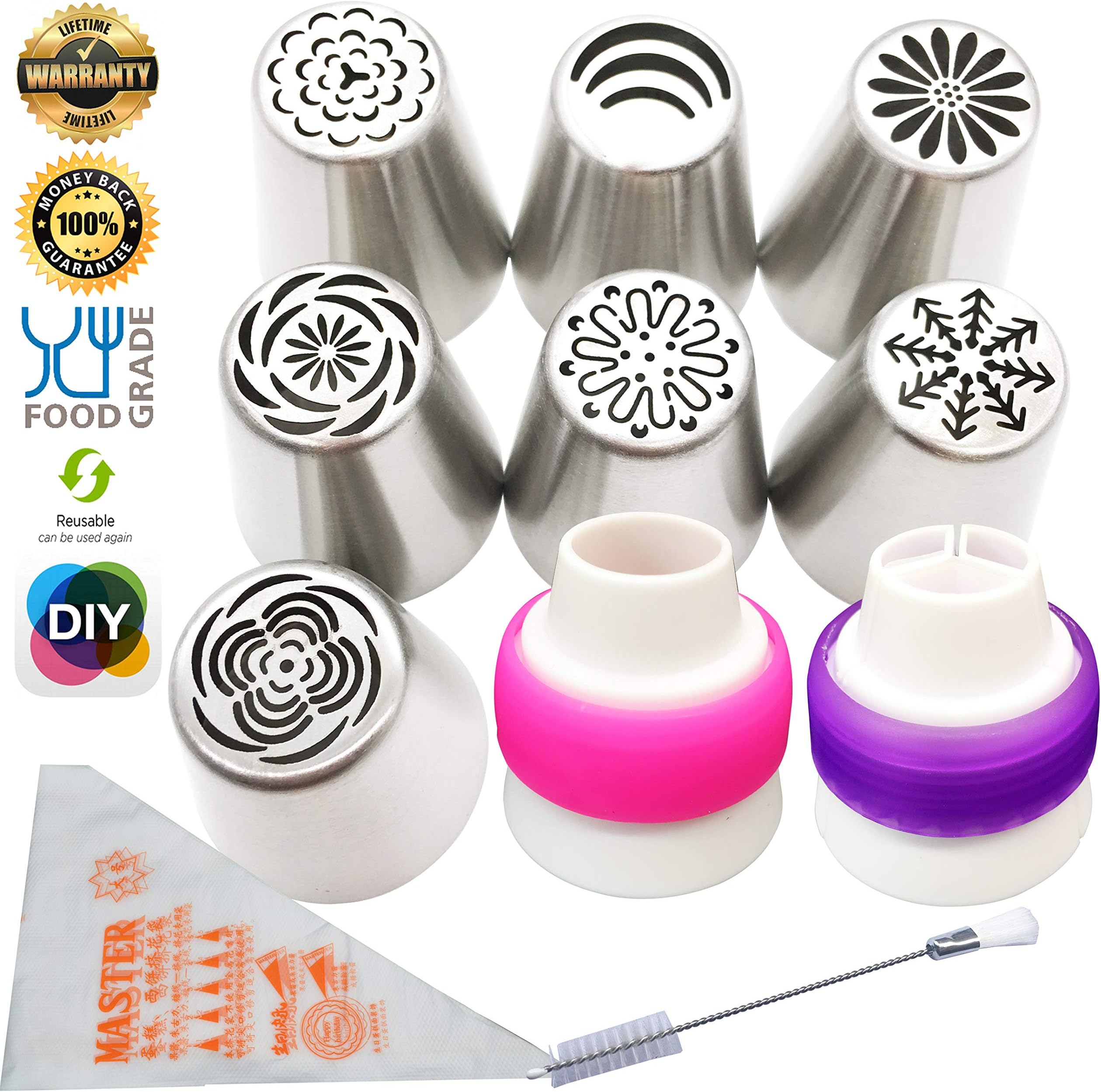 Frosting Flower Piping nozzles Decorations Tools Set and Bag for Cupcake 7 Pcs/Set, Aixin Stainless Steel Large Size Russian Piping Tips Set Nozzle (7set-NO.13)