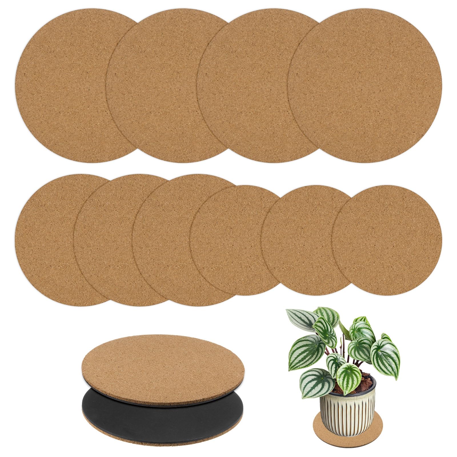 M METERXITY 10-Pack Cork Plant Coasters, 4/6/8 Inch Round Coasters Pads Cork Plant Mats Cork Pads for Plants/House/Garden/Indoors/Outdoors, Plant Cork Mats [3 Sizes]