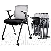 BLANEDUO Conference Room Chairs, Folding Office Desk Chair with Lumbar Support and Sliding Armrest with Casters, Stackable Office Guest Chairs &amp; Reception Chairs (2 Pack)