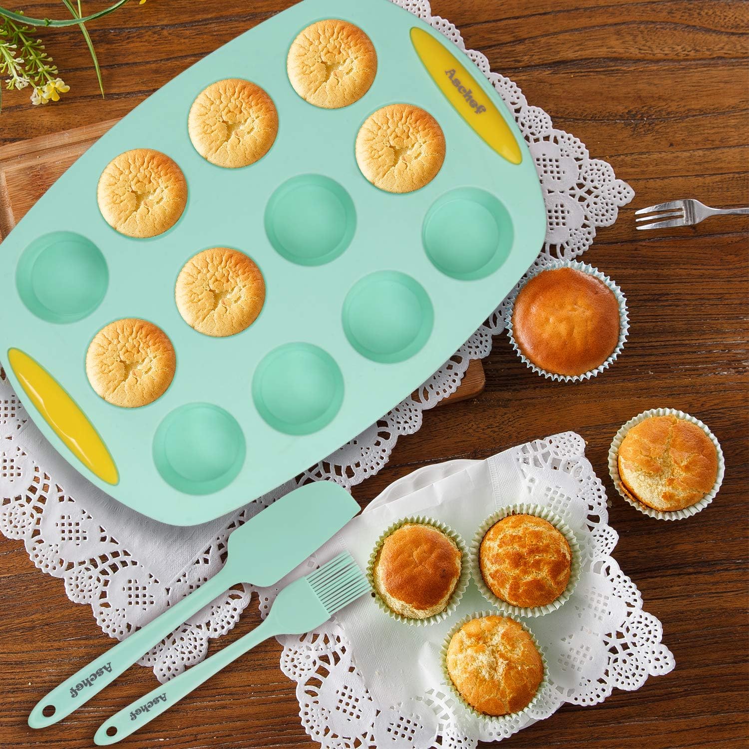 15in1 Silicone Nonstick Baking Pans Mold Tray Supplies Tools Bakeware Set, BPA Free Food Grade for Muffin Donuts Pizza Tiramisu Cake Pan Cookie Sheets Cookware Set with Yellow Hanlde Grip for Oven: Kitchen & Dining