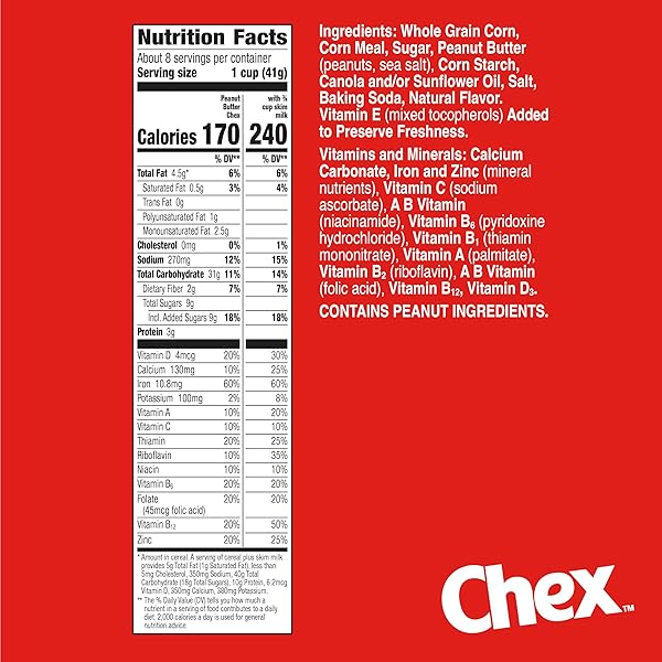 PEANUT BUTTER CHEX CEREAL, GLUTEN FREE BREAKFAST CEREAL, MADE WITH WHOLE GRAIN, 12.2 OZ