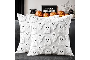 MIULEE Halloween Pillow Covers Cute Ghost Spooky Fall Throw Pillows Set of 2 Soft Plush Faux Fur Decorative Cushion Covers for Couch Sofa Bed Porch Living Room Halloween Decor 18x18 inch White