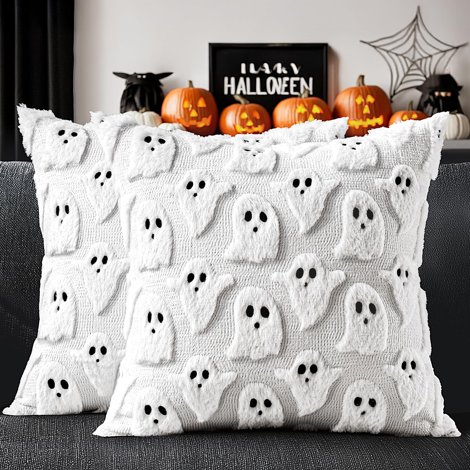 Photo 1 of MIULEE Halloween Pillow Covers Cute Ghost Spooky Throw Pillows Set of 2 Soft Plush Faux Fur Decorative Cushion Covers for Couch Sofa Bed Porch Living Room Halloween Decor 20x20 inch White