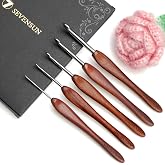 SEVENSUN Mimosa Crochet Hooks Set 5 Pack of 2mm 3mm 4mm 5mm 6mm Crochet Hook, SEVENSUN Hand Polished Ergonomic Crochet Hooks, Stainless Steel Crochet Hook, Wood Handle Pointed Crochet Needle