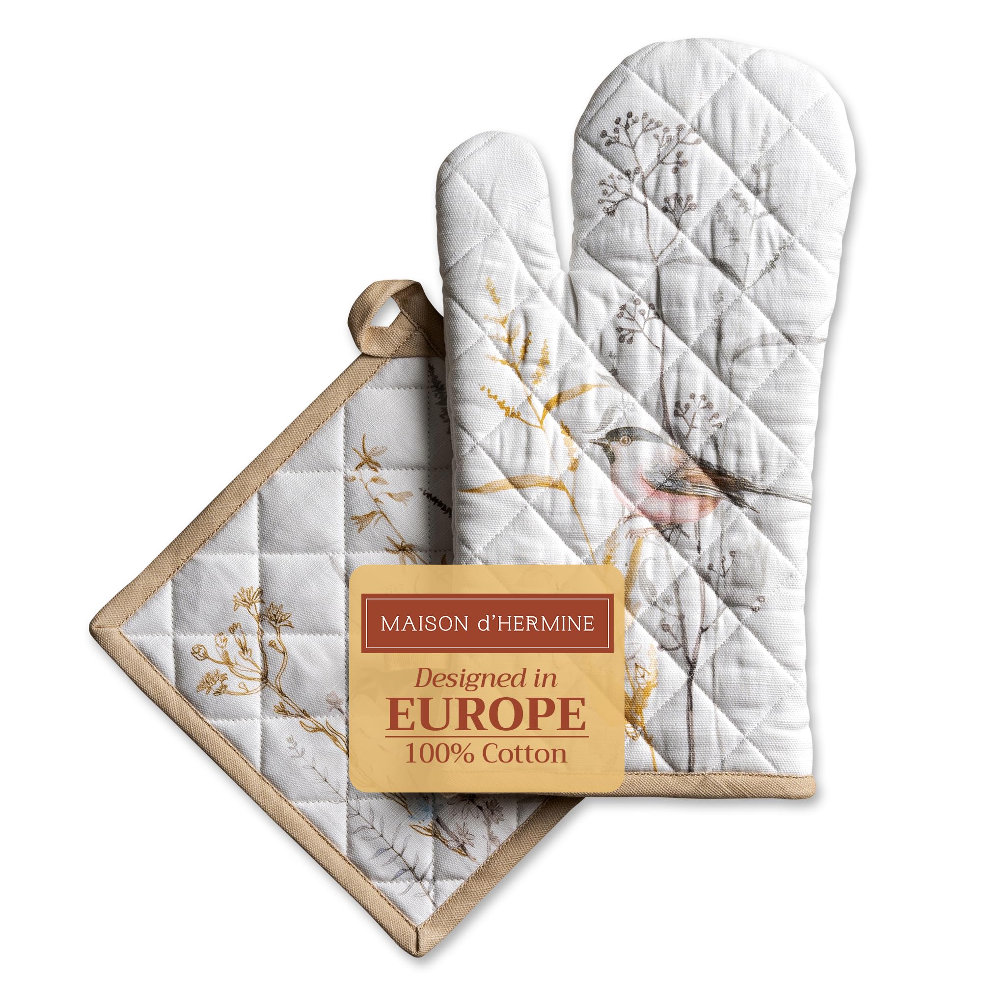 Maison d' Hermine 100% Cotton Oven Mitt & Pot Holder Set (19 x 33 cm & 20 x 20 cm) Heat Resistant BBQ Cooking Gloves with Loop for Handling Hot Pans Gifts for Mothers Day (Meadow Florals - Beige)