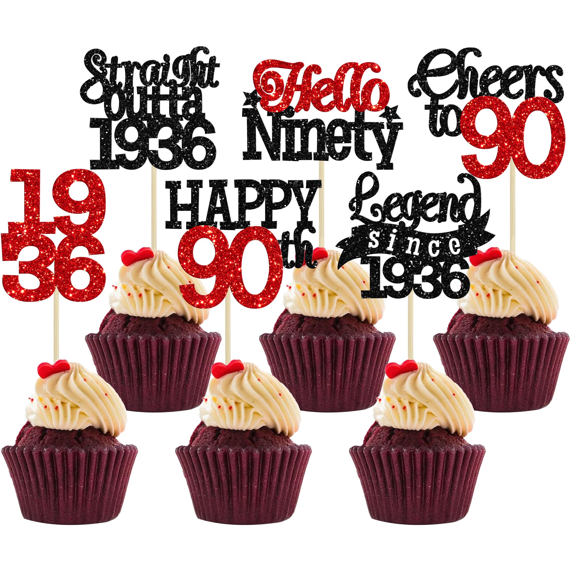 Gyufise 24Pcs Happy 90th Birthday Cupcake Toppers Hello Ninety Legend Since 1936 Cupcake Picks Cheers to 90 Years Cake Decorations for 90th Birthday Anniversary Party Supplies Black Red