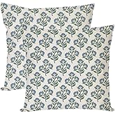 PANDICORN Block Print Pillow Covers 20x20 Inch Set of 2 Vintage Blue Green Floral Boho Outdoor Farmhouse Spring Summer Decorations Decorative Throw Pillow Cases for Home Couch Bed Living Room Decor