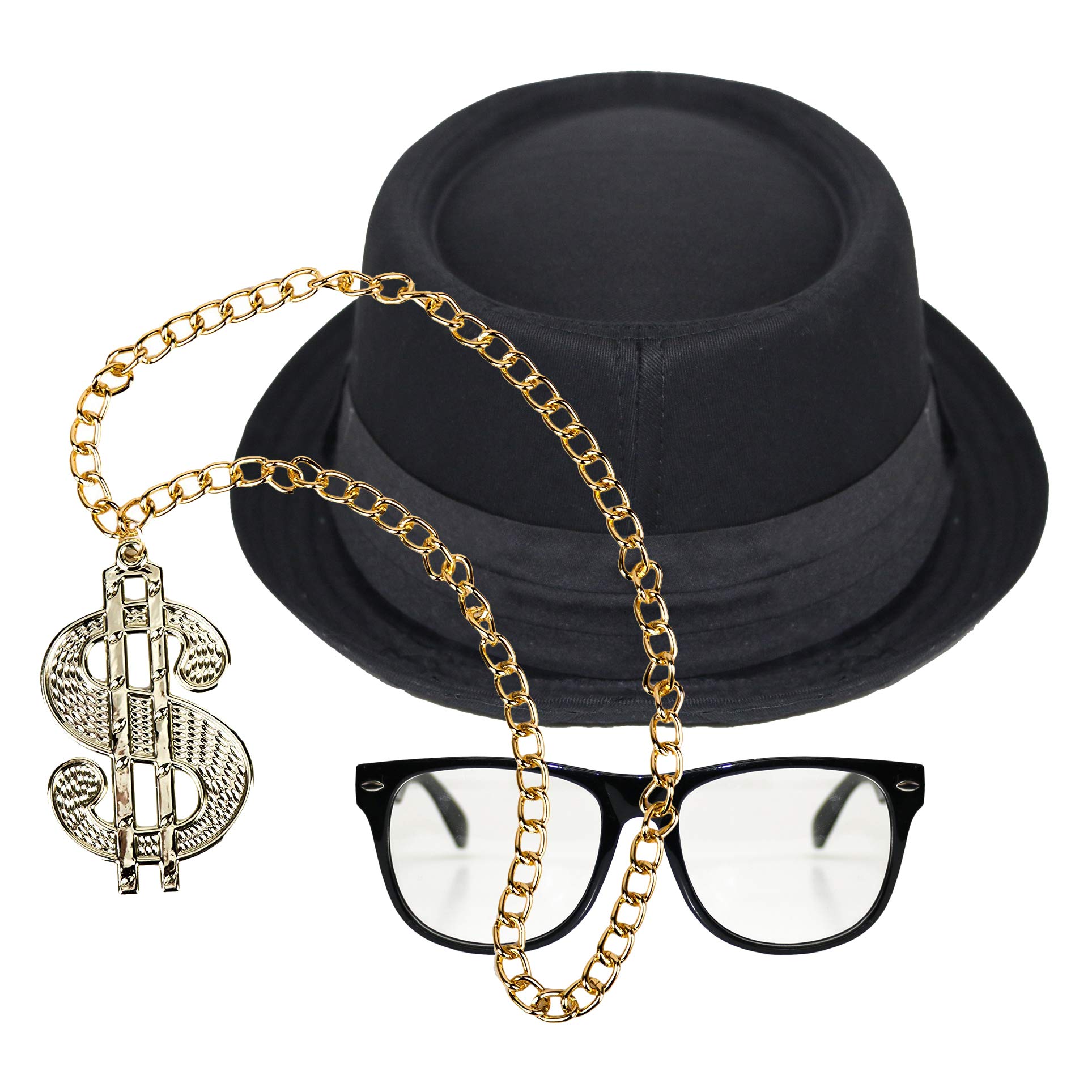 by Robelli Hip Hop Run DMC Fancy Dress Accessory Set (Pork Pie Hat, Sunglasses & Dollar Sign Necklace)