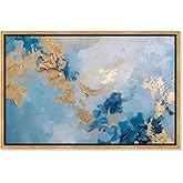 Art Remedy Deep Blue Gold Drift Canvas Blue Abstract Art, Gold Frame, 54" x 36"