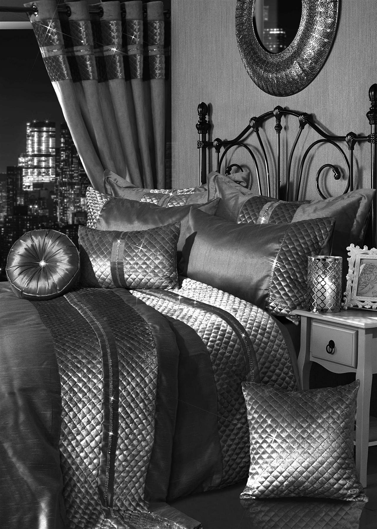 Olivia Rocco Kylie Duvet Cover Set Quilted Velvet Diamante Quilt Covers Luxury Bedding Sets, Charcoal Single