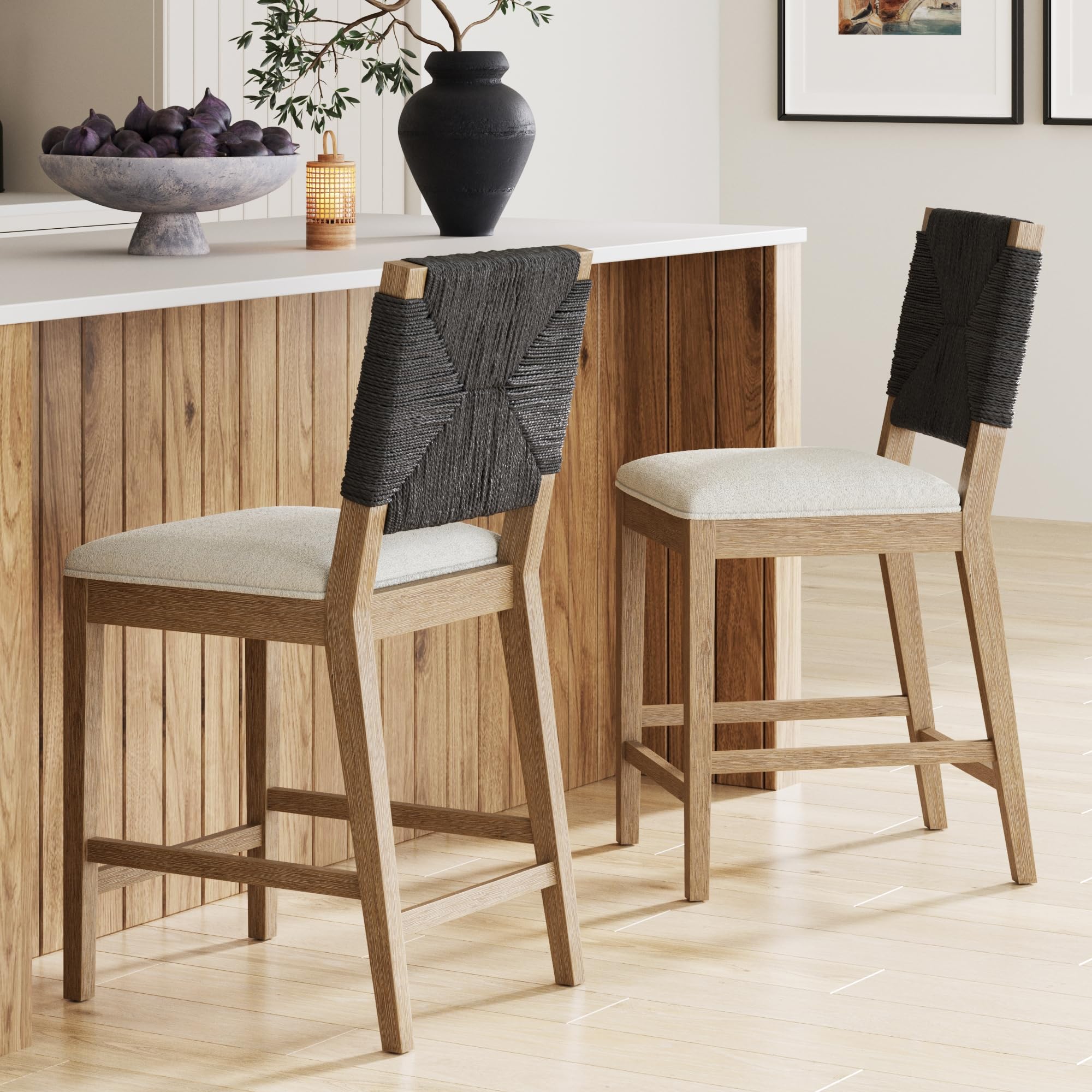 Photo 1 of Nathan James Beacon Bohemian Boucle Bar Stool, Upholstered Bar Stool or Island Chairs for Kitchen, Seagrass Counter Height Stool with Back and Solid Wood Legs, Cream Boucle/Gray, Set of 2