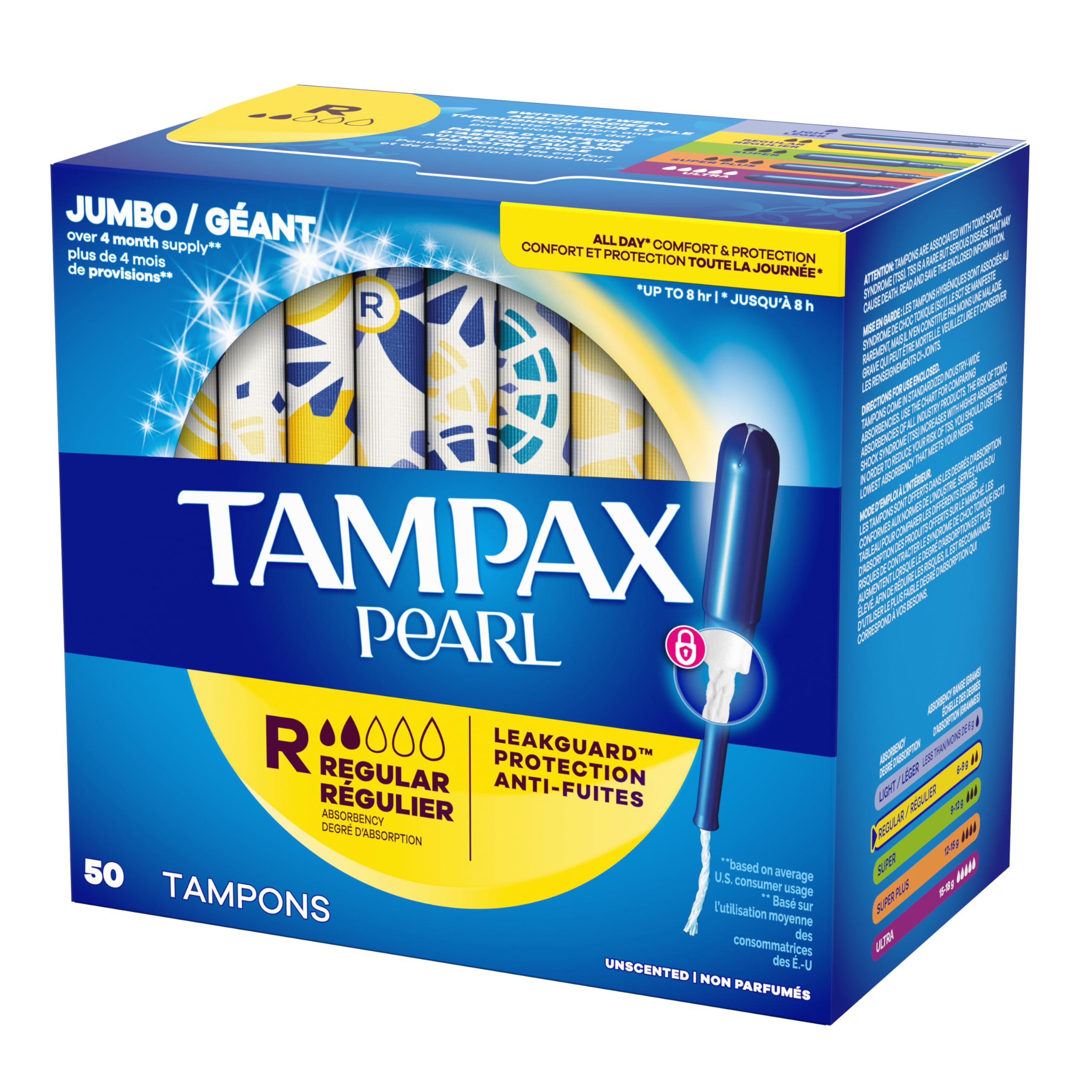 Tampax Pearl Tampons, with LeakGuard Braid, Regular Absorbency, Unscented, 50 Count