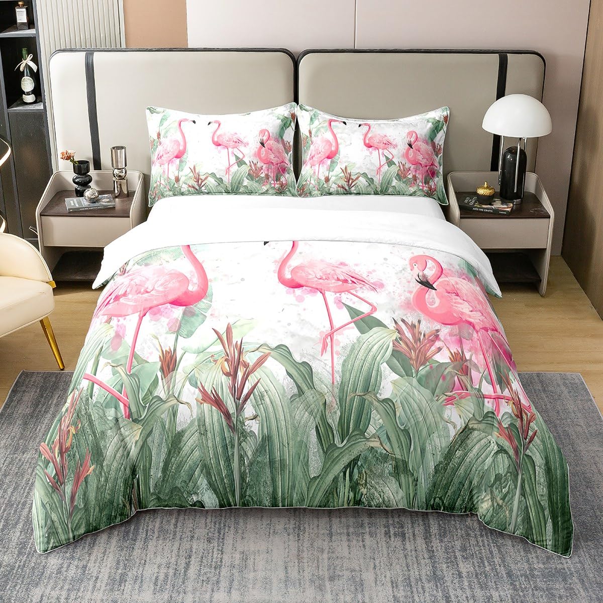 Flamingo Duvet Cover 100% Cotton Tropical Flamingo Pattern Bedding Set For Girls Women Animal Decor Tropical Palm Leaf Comforter Cover Set Bird Print Bedspread Cover Zipper King