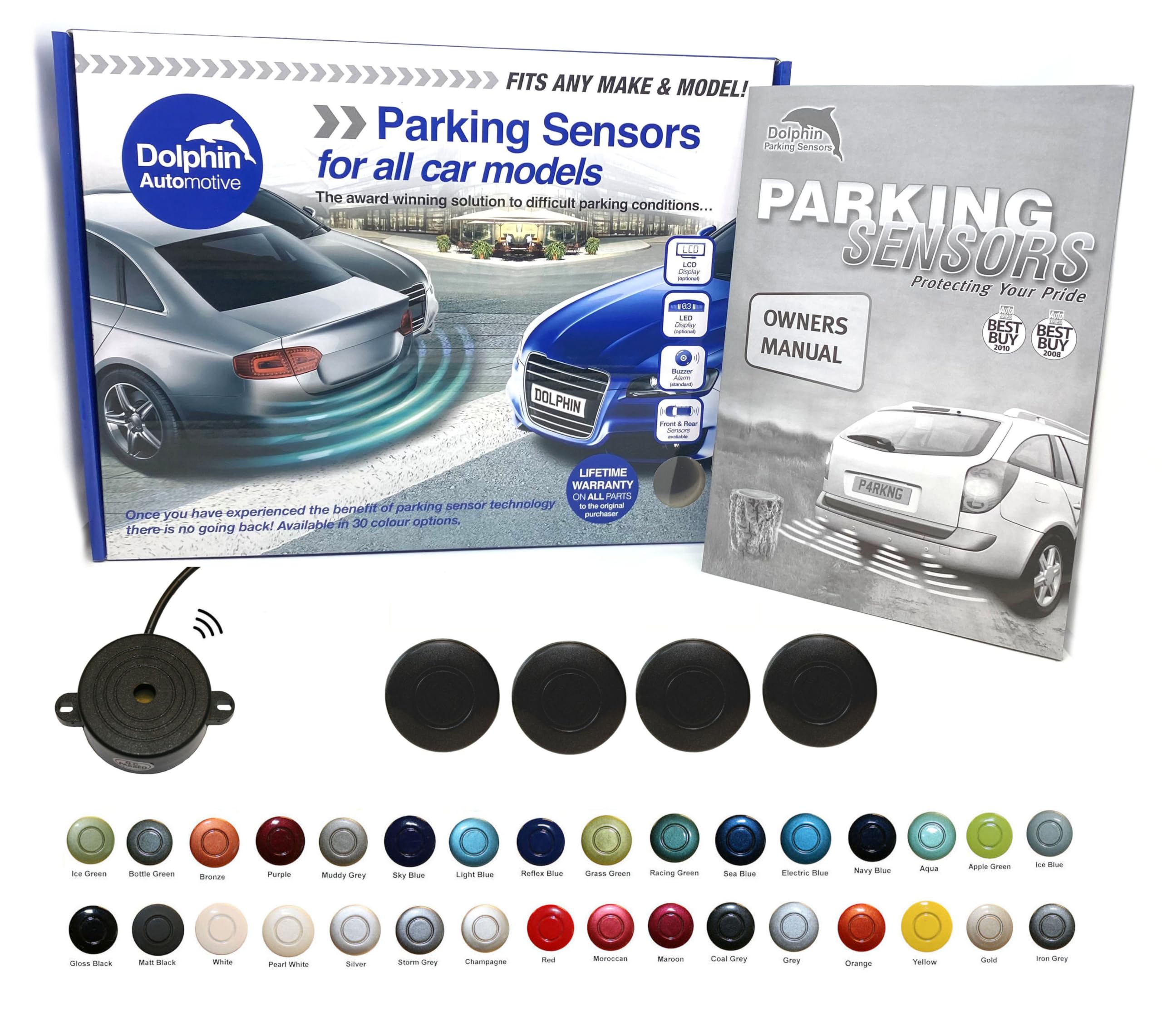 Dolphin Automotive DPS400 Reverse Parking Sensors Auto Express Award Winning In 32 Colours 4 Ultrasonic Radar Sensors Kit Audio Alert System Matt & Gloss Black +30 More Colours (Matt Black)
