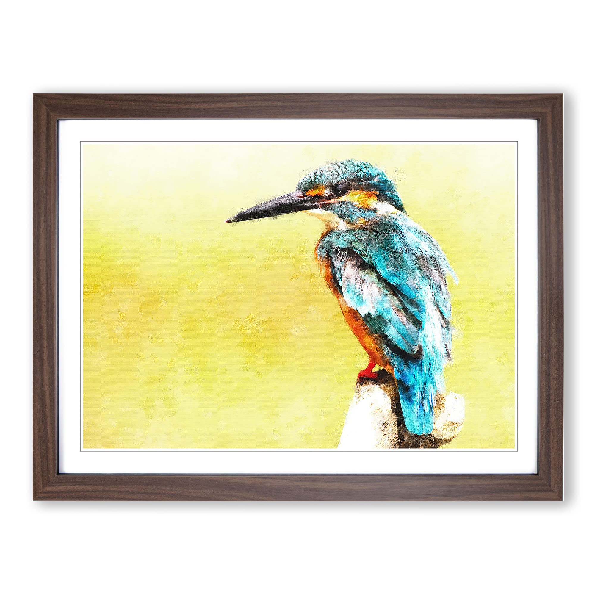 Blue Kingfisher Painting Modern Art Framed Wall Art Print, Ready to Hang Picture for Living Room Bedroom Home Office Décor, Walnut A4 (34 x 25 cm)