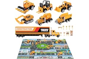 TEMI Diecast Engineering Construction Vehicle Toy Set w/Play Mat,Truck Carrier,Forklift,Bulldozer,Excavator,Mixer,Dump Truck, Alloy Metal Car Toys Set for 3 4 5 6 Years Old Toddlers Kids Boys & Girls