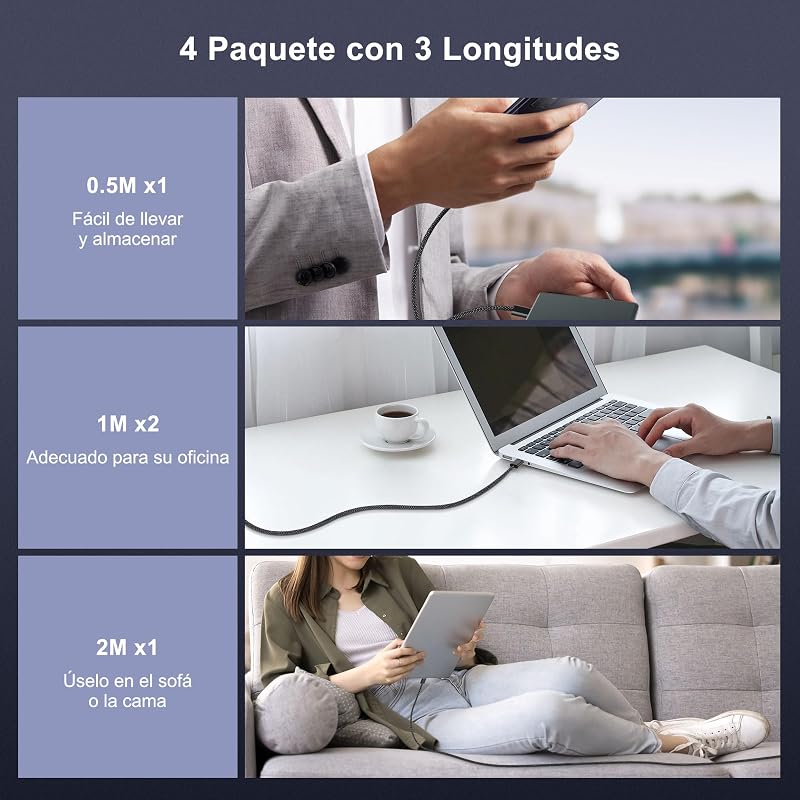 USB C para USB C Cabo de Carregamento Rápido 60W:[4 Pack 0,5M+1M+1M+2M] PD USB Tipo C Cabo de carregamento rápido Nylon entrançado Carregador de Telefone Compatível com iPhone 17 16 15 Pro Samsung S25 S24 iPad MacBook