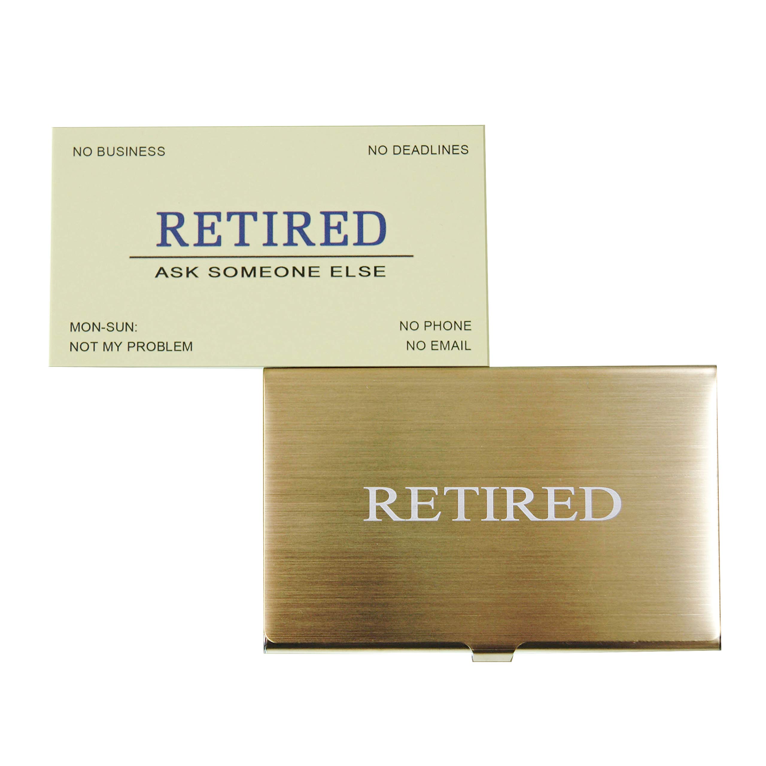 RXBC2011 Retired Business Cards Funny Retirement Gift (Pack of 50/With Gold Stainless Steel Case) For Retired Men Women Coworkers Employees Boss Friend Colleague
