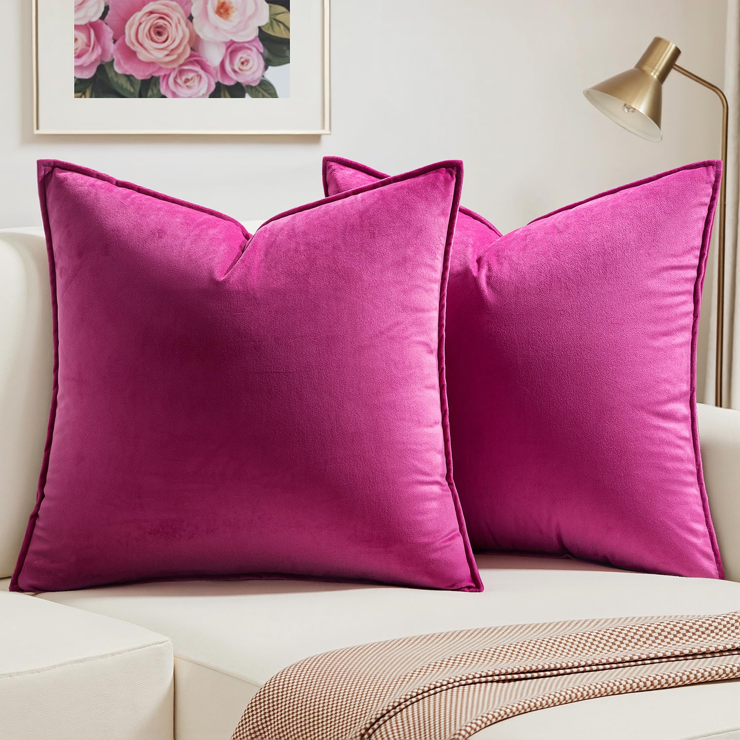 MIULEE Velvet Cushion Covers 40cm x 40cm Pink Decorative Square Throw Pillow Covers Flanges Pillowcases Soft for Livingroom Sofa Bedroom with Invisible Zipper 16 x 16 Inch Pack of 2