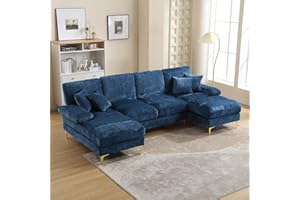 KIVENJAJA U-Shaped Sectional Sofa, Modern Chenille Tufted Overstuffed Comfy Cloud 4 Seater Couch with Double Chaises & Pillows for Living Room Apartment, 114.17”W, Blue