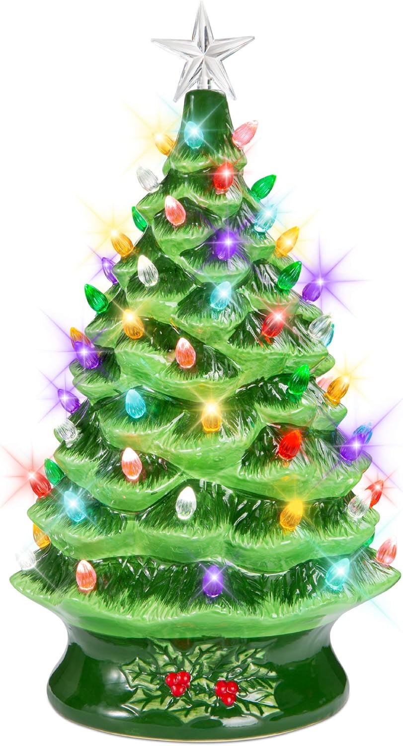 Tree Toppers - Best Choice Products 24in Extra Large Pre-Lit Ceramic Christmas Tree Battery-Powered Hand-Painted Tabletop Indoor Holiday Decoration w/LED Light, Timer, Star Topper, Glossy Finish - Green
