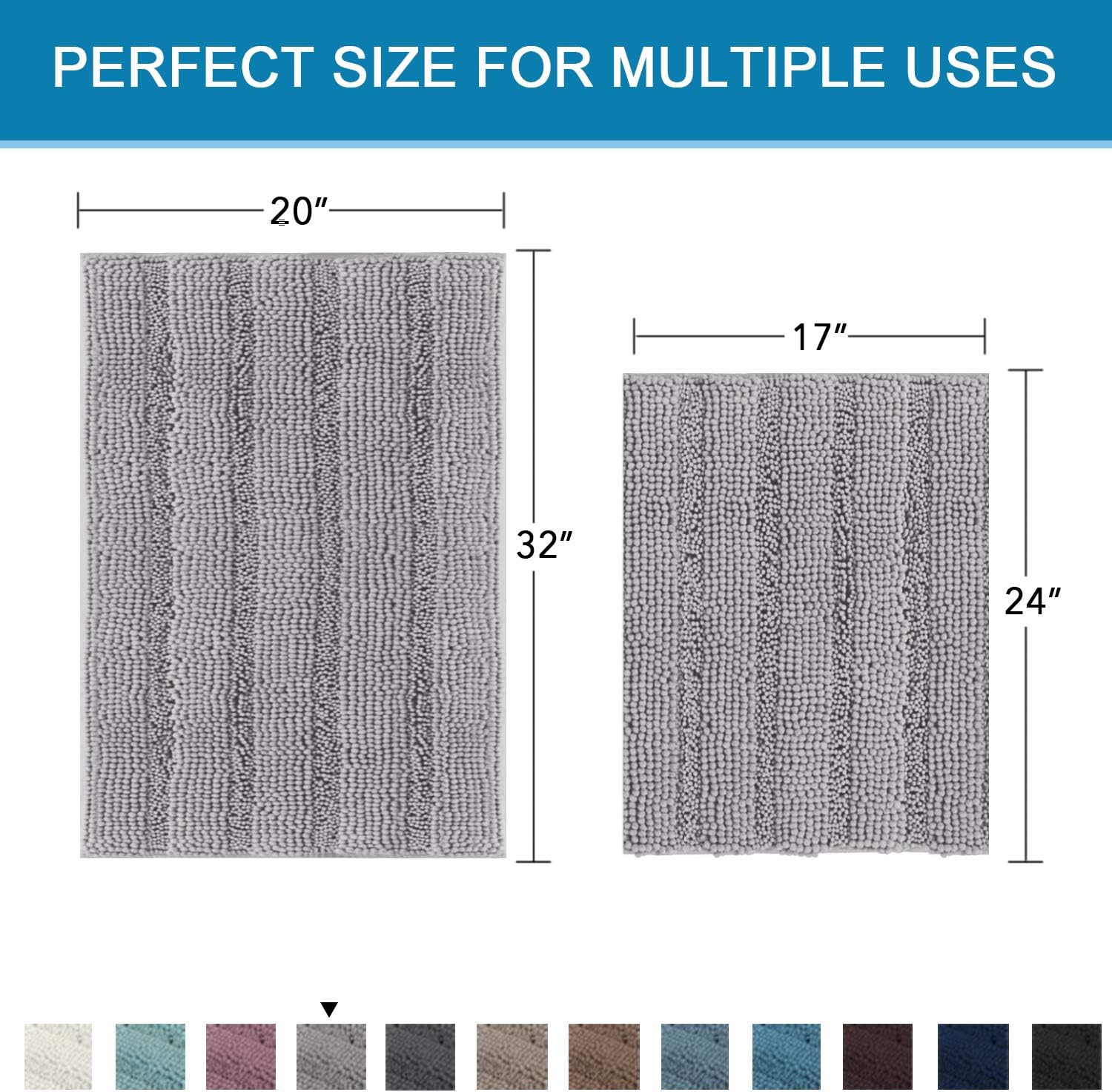 Non Slip Thick Shaggy Chenille Bathroom Rugs Soft Bath Mats for Bathroom Extra Absorbent Floor Mats Bath Rugs Set for Kitchen/Living Room (Set of 2, 20" x 32"/17" x 24", Dove): Home & Kitchen