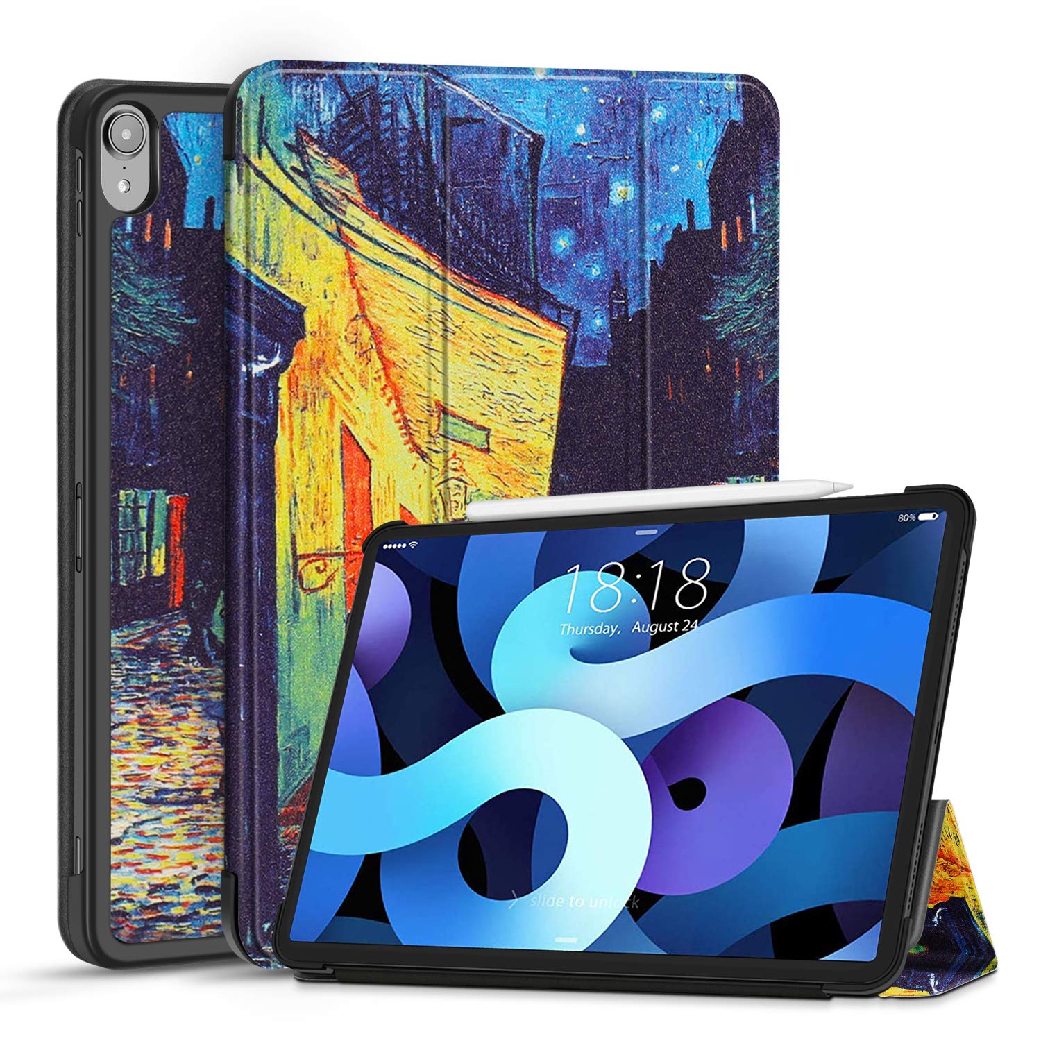 TNP Cover Case for iPad Air 11 Inch M2 6th 2024, 5th 4th Generation(2022 2020) - 10.9" Cafe At Night Case with Pencil Holder for 2nd Gen Apple Pencil - Protective Cover with Trifold Stand — image 1