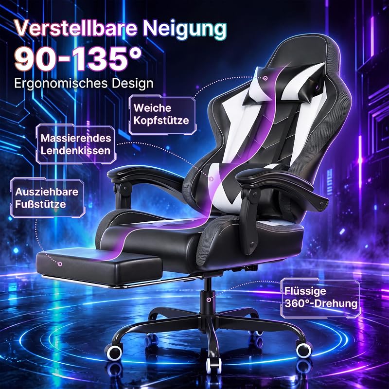 Gaming Stuhl mit led, Cool Racing Gamer Stuhl, Ergonomischer Bürostuhl mit Massagefunktion, Verstellbare Rückenlehne 90-135°, mit Teleskop Fußstütze, Gamingstuhl 150 kg belastbarkeit, Weiß — Foto 4 von 8