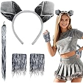 W-Plus Wolf Costume with Grey Wolf Ears Headband and Tail Gloves Set, Werewolf Costume Accessories for Adult Men Halloween Cosplay, Party Outfit