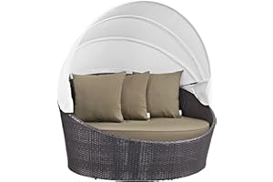 Modway Convene Wicker Rattan Outdoor Patio Retractable Canopy Round Poolside Sofa Daybed in Espresso Mocha