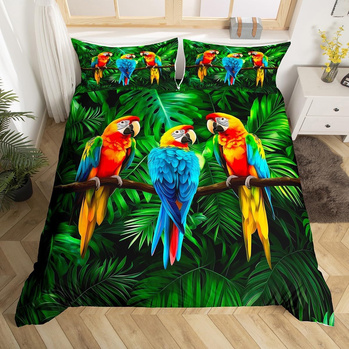 Homewish Parrot Bedding Set Super King Size Watercolor Animal Feather Duvet Cover Set Palm Leaf Duvet Cover Tropical Plant Birds Quilt Cover Comforter Cover And 2 Pillow Cases For Bed Room