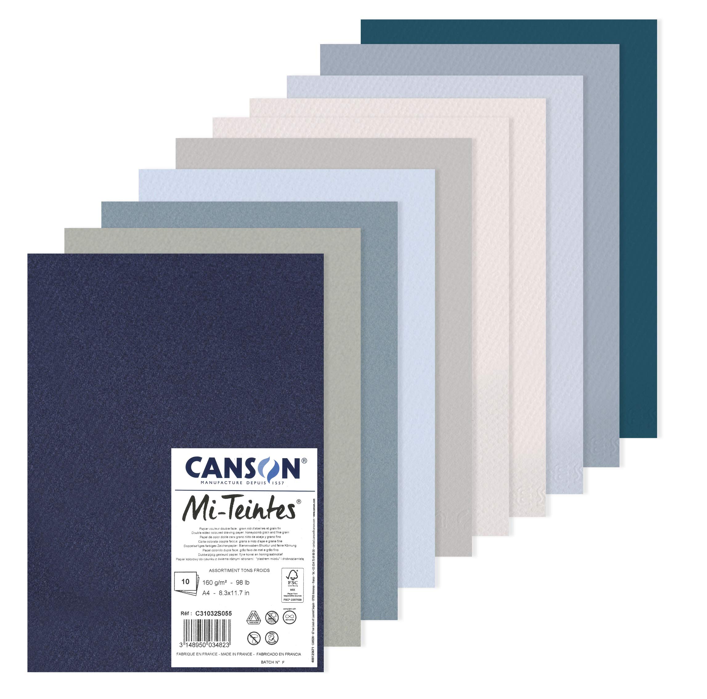 Photo 1 of CANSON Mi-Teintes Coloured Drawing 160gsm A4 Paper Pack, Double Sided: Honeycomb & Fine Grain, 10 Cool Colour Sheets, Ideal for Professional Artists & Illustrators
