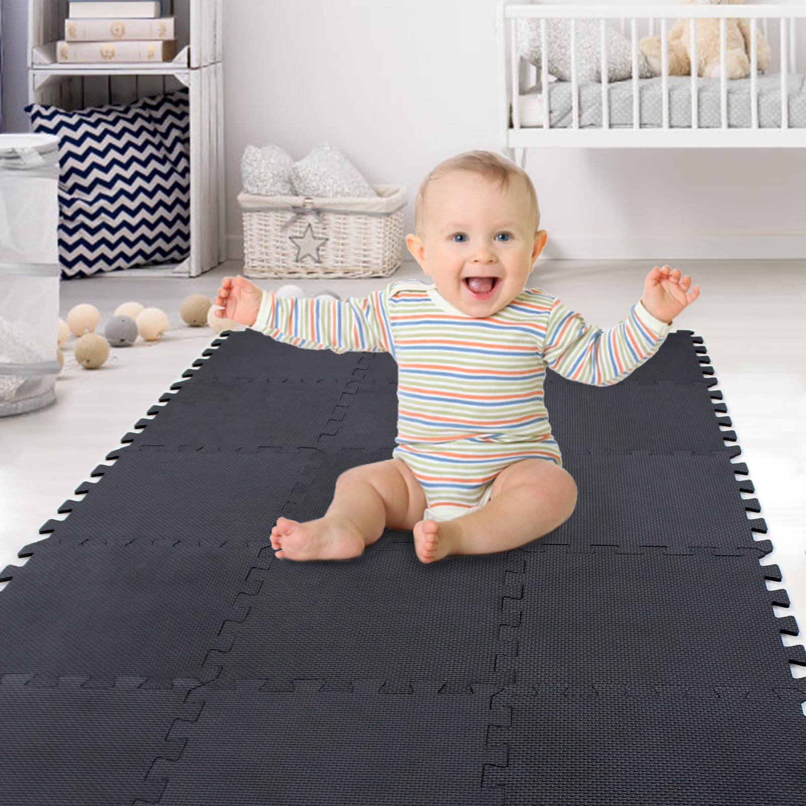 Photo 1 of XMTMMD Soft Non-Toxic Foam Baby Play Mat | Toddler Playmat | EVA Foam Interlocking Tiles for Gym, Nursery, Playroom | 18 Squares Foam Floor Mats for Kids & Babies | Black Jigsaw Puzzle Play Mat