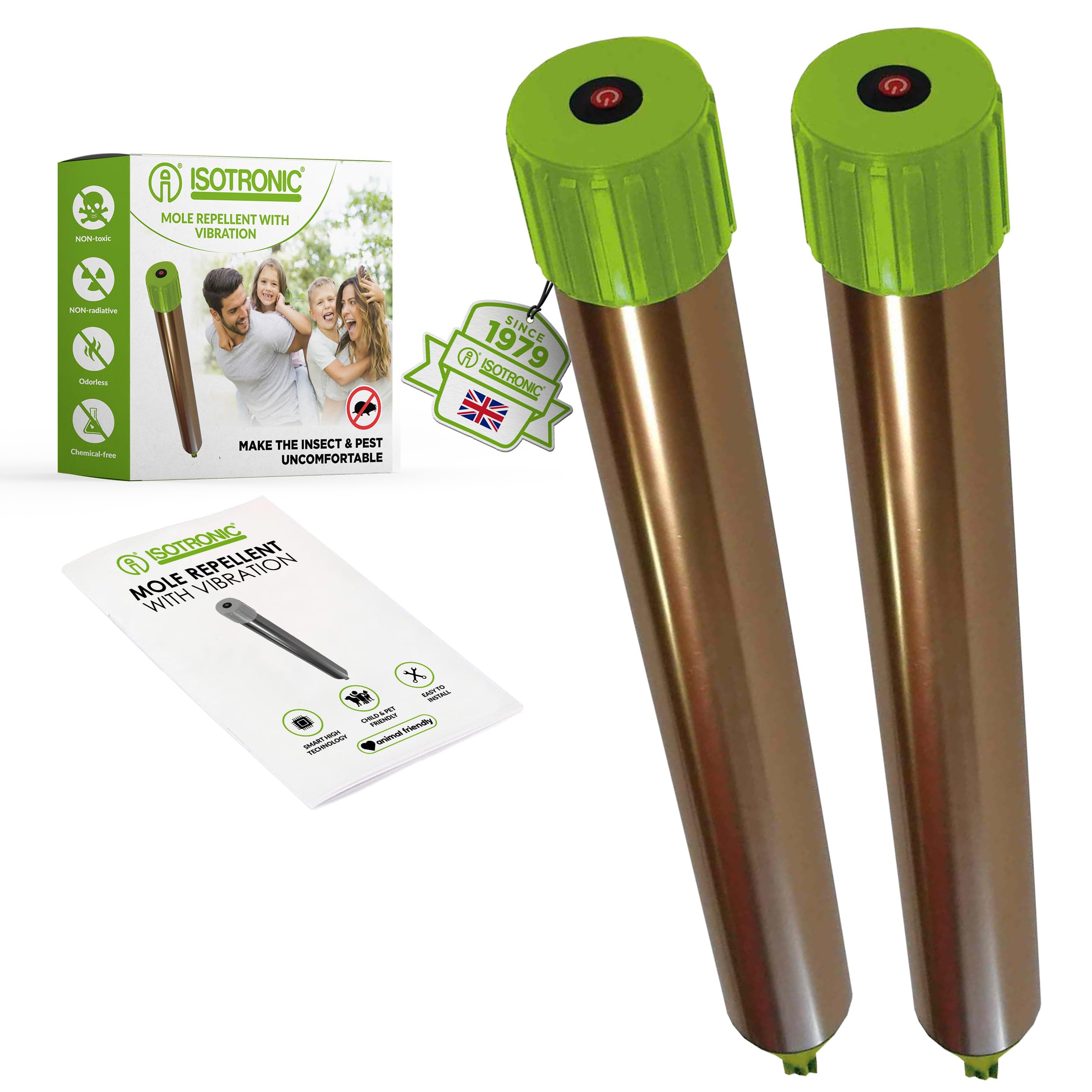 ISOTRONIC® Mole Scarer, Effective Vibrasonic Deterrent against Mole, Mouse, Rat Ant, Vole, Snake - High Frequency Outdoor Repeller - Pack of 2 Pcs.