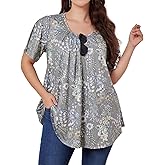 Loveliin Plus Size Tunic Tops for Women Short Sleeve Summer Casual Tunics with Leggings Loose Fit Pleated Dressy Blouses