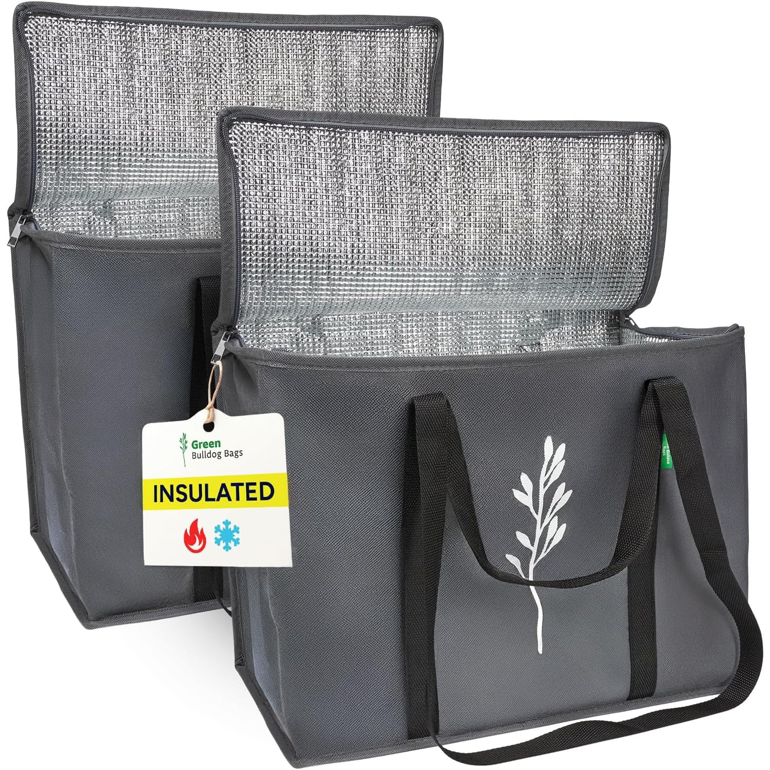 Photo 1 of Green Bulldog 2Pack Insulated Grocery Bags – Foldable Reusable Cooler Bags with Handles for Everyday Use, Groceries, Food Delivery, and Shopping – 16”x9”x13”, Gray