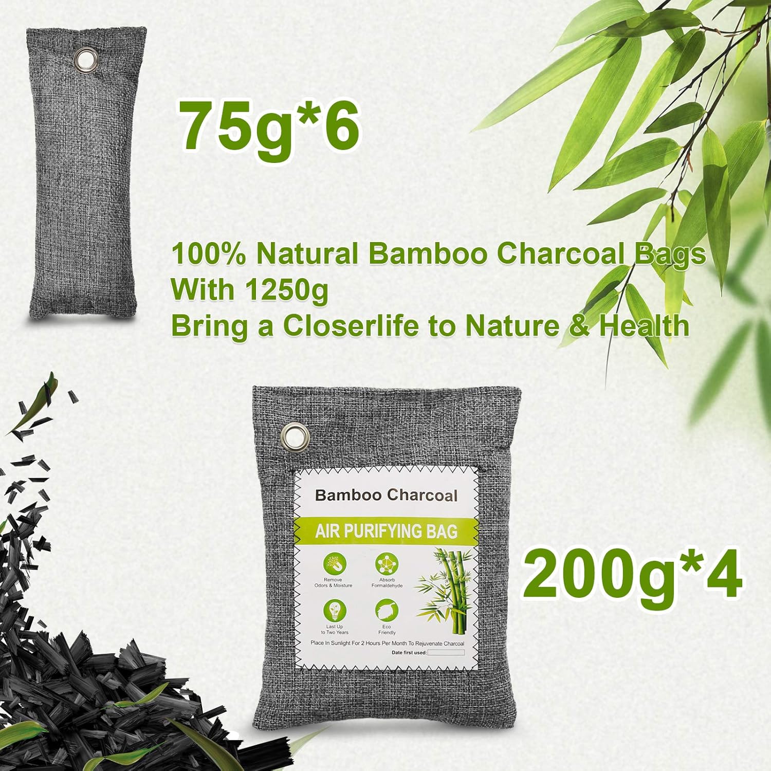 10 Pack Bamboo Charcoal Air Purifying Bag, Activated Charcoal Bags Odor Absorber, Moisture Absorber, Natural Car Air Freshener, Shoe Deodorizer, Odor Eliminators For Home, Pet, Closet ( 6x75g, 4x200g): Kitchen & Dining