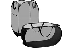 DAWNTREES 2 PCS Pop Up Laundry Hamper Basket,Large Collapsible Mesh Storage Basket with Side Pocket,Applicable to Laundry Room, Bathroom,Dorm,Travel Carrying (Black)