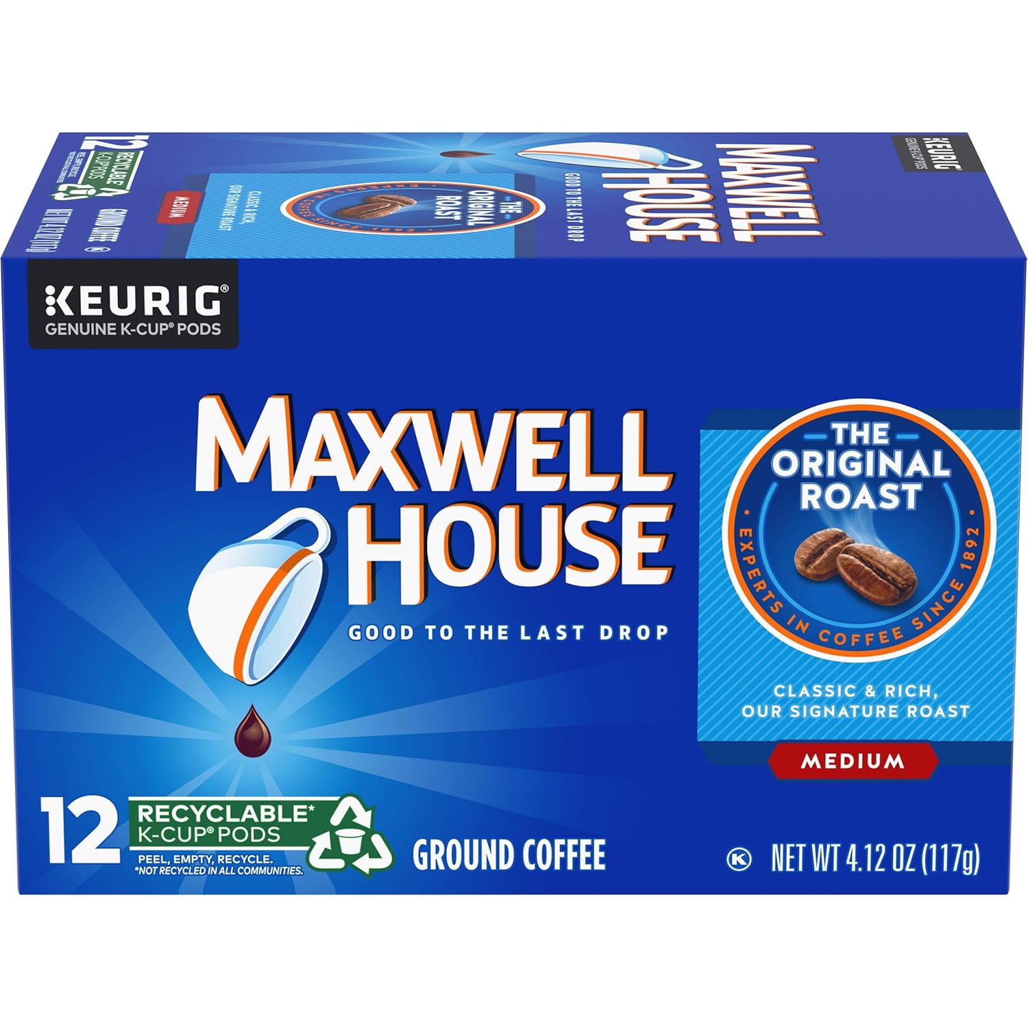 Maxwell House Original Roast Ground Coffee K Cups, Caffeinated, 12 ct - 4.12 oz Box (Pack of 6)