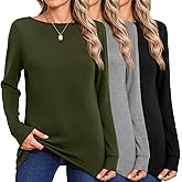 Huukeay 3 Pack Women's Long Sleeve Shirts 95% Cotton Boat Neck Sweatshirt Basic Tunic Top Loose Fit Outfit Wear with Leggings
